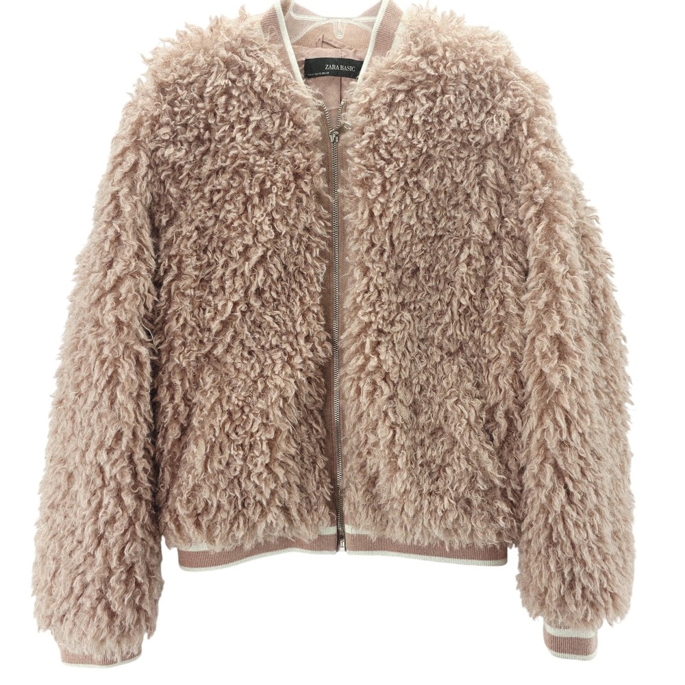Zara Basic Coat Womens XS Pink Mob Wife Whimsical Faux Shearling Fuzzy Teddy